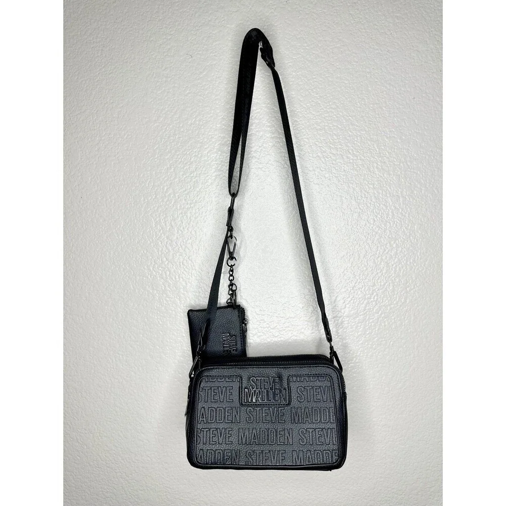 Steve Madden Crossbody Bag Womens Small Black Logo Faux Leather Coin Purse Zip